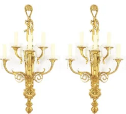 Casa Padrino Barock Wandleuchten Set Gold / Weiß 35 x 20 x H. 95 cm - Vergoldete Bronze Wandlampen - Prunkvolle Barock Lampen