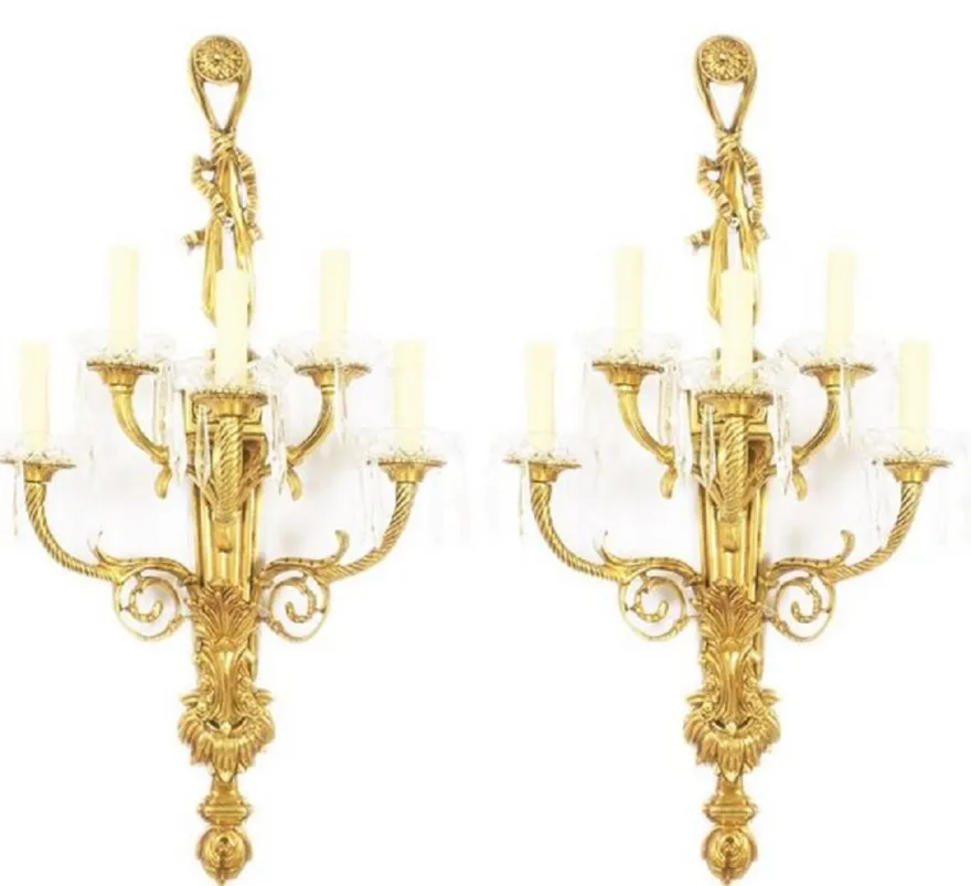 Casa Padrino Barock Wandleuchten Set Gold / Weiß 35 x 20 x H. 95 cm - Vergoldete Bronze Wandlampen - Prunkvolle Barock Lampen