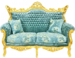 Casa Padrino Barock Wohnzimmer Set Master Türkis-Blau Muster Samtstoff / Gold - 2er Sofa + 2 Sessel
