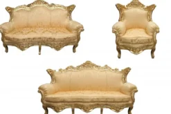 Casa Padrino Barock Wohnzimmer Set Gold Blumen Muster / Gold - 3er Sofa, 2er Sofa, Sessel