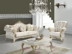 Casa Padrino Barock Wohnzimmer Sofa mit Glitzersteinen Champagnerfarben / Creme / Gold 224 x 83 x H. 112 cm - Wohnzimmer Möbel - Edel & Prunkvoll
