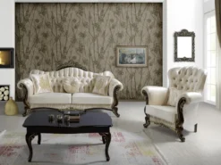 Casa Padrino Barock Wohnzimmer Set Champagnerfarben / Schwarz / Gold - 2 Sofas & 2 Sessel & 1 Couchtisch - Wohnzimmer Möbel - Edel & Prunkvoll
