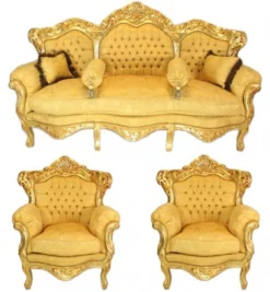 Casa Padrino Barock Wohnzimmer Set Bouquet Muster in Gold - 3er Sofa und 2 Sessel - 200/90 cm