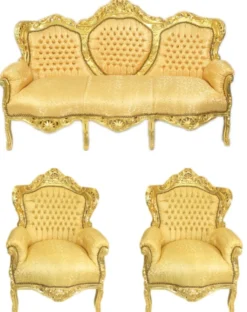 Casa Padrino Barock Wohnzimmer Set Gold Muster / Gold - 3er Sofa + 2 Sessel