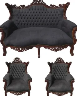 Casa Padrino Barock Wohnzimmer Set Master im Antik Stil - Schwarz / Braun - 2er Sofa & 2 Sessel