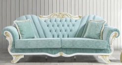 Casa Padrino Barock Wohnzimmer Sofa mit Glitzersteinen Hellgrün / Weiß / Gold 235 x 87 x H. 102 cm - Edle Wohnzimmer Möbel im Barockstil