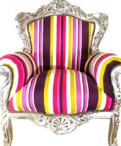 Casa Padrino Barock Wohnzimmer Sessel King Mehrfarbig Gestreift / Silber 85 x 45 x H. 120 cm - Thron Sessel - Barock Möbel