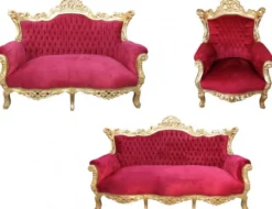 Casa Padrino Barock Wohnzimmer Set Master in Bordeaux Rot und Gold, 3er Sofa, 2er Sofa und Sessel
