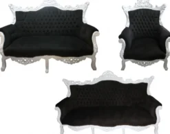 Casa Padrino Barock Wohnzimmer Set Master im Antik Stil Schwarz/Weiss - 3er Sofa, 2er Sofa, 1 Sessel