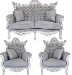 Casa Padrino Barock Wohnzimmer Set Master im Antik Stil Grau / Silber - 2er Sofa (158 cm) + 2 Sessel (85 cm)