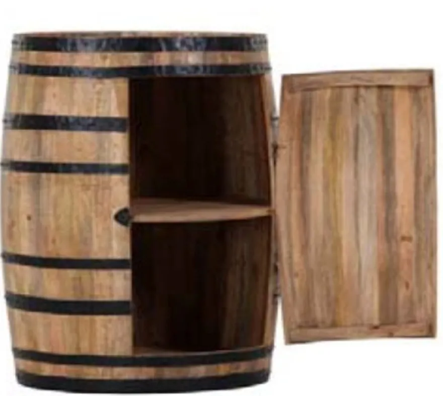 Casa Padrino Bar Schrank Weinschrank Bartisch aus Mango Massivholz - Holzfaß Weinfaß Faßmöbel Faßschrank - Höhe 90 cm, Durchmesser 70 cm