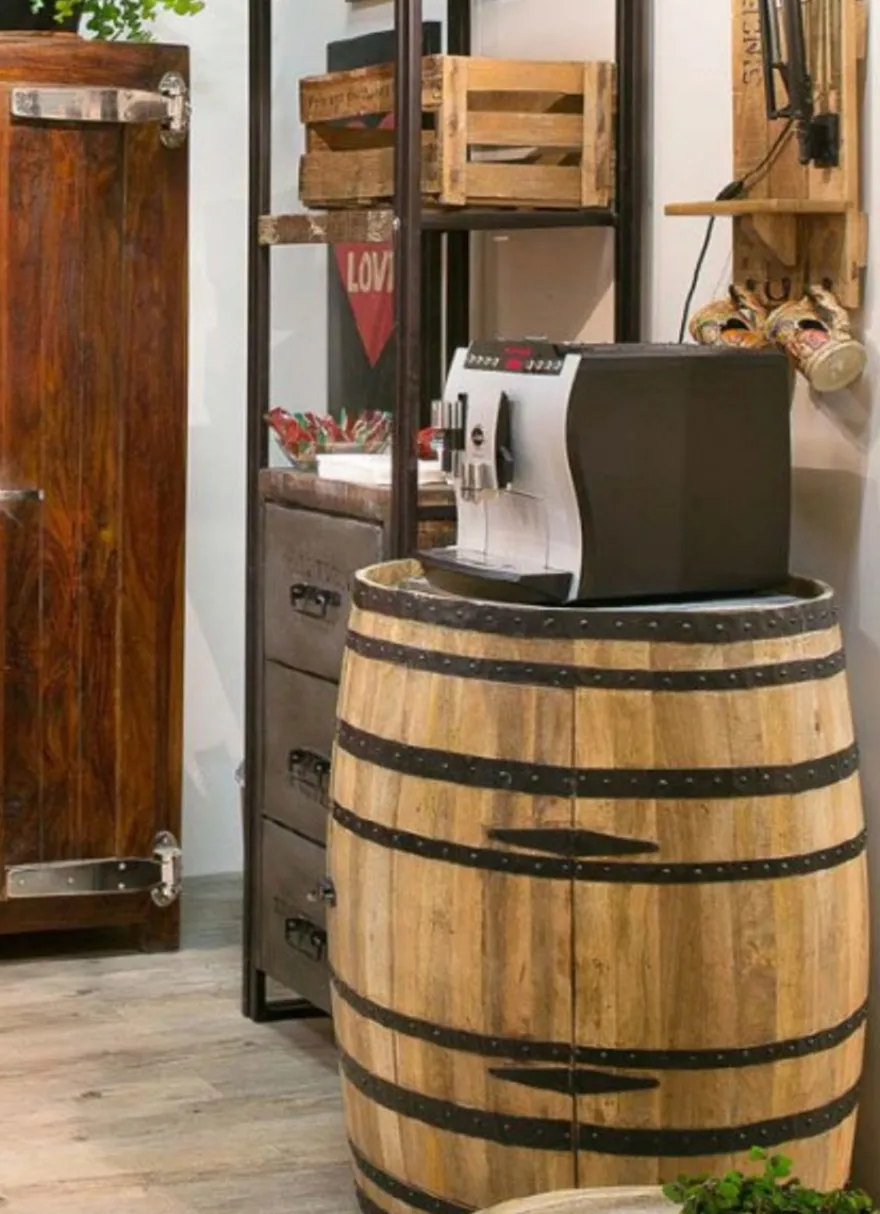 Casa Padrino Bar Schrank Weinschrank Bartisch aus Mango Massivholz - Holzfaß Weinfaß Faßmöbel Faßschrank - Höhe 90 cm, Durchmesser 70 cm