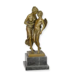 Casa Padrino Bronze Skulptur Das Geheimnis Bronzefarben / Grau 12,9 x 12,9 x H. 34,6 cm - Bronzefigur Paar mit Amor auf Marmorsockel - Luxus Deko