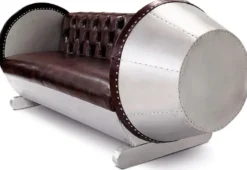 Casa Padrino Chesterfield Leder Sofa Silber / Braun 240 x 82 x H. 91 cm - Echtleder Wohnzimmer Sofa - Flugzeug Möbel - Flieger Möbel - Chesterfield Möbel - Wohnzimmer Möbel - Echtleder Möbel