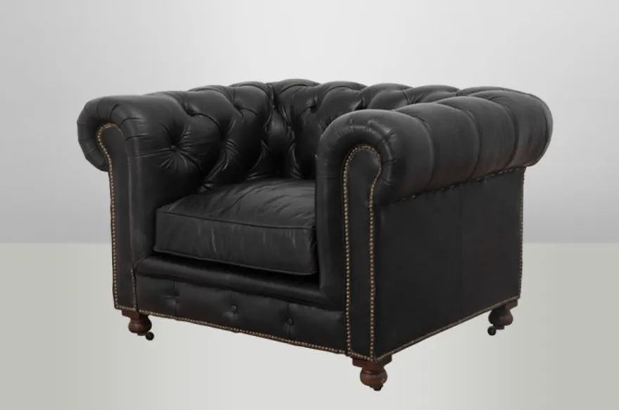 Casa Padrino Chesterfield Luxus Echt Leder Sessel im Vintage Design Old Saddle Black 123 x 96 x 78 cm