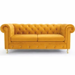 Casa Padrino Chesterfield Schlafsofa Gelb / Gold 212 cm - Wohnzimmer Möbel