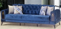 Casa Padrino Chesterfield Schlafsofa Blau / Schwarz / Gold 222 x 90 x H. 80 cm - Modernes Wohnzimmer Sofa - Chesterfield Möbel - Wohnzimmer Möbel