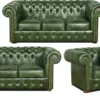 Casa Padrino Chesterfield Wohnzimmer 3er Set Grün - Luxus Echtleder Möbel