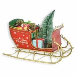 Casa Padrino Deko Blech Weihnachts Schlitten Rot / Grün / Gold 30 cm - Weihnachts Deko