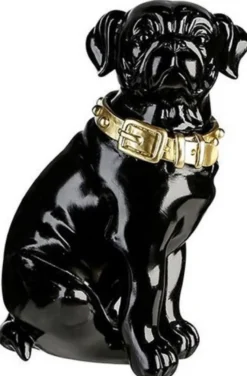 Casa Padrino Dekofigur Hund mit Halsband Schwarz glänzend / Gold 16 x 15 x H. 26 cm - Deko Accessoires