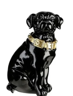 Casa Padrino Dekofigur Hund mit Halsband Schwarz glänzend / Gold 11 x 10 x H. 16 cm - Deko Accessoires