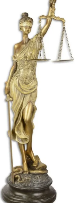 Casa Padrino Dekofigur Justitia Antik Gold / Antik Schwarz 16,2 x 15 x H. 52,5 cm - Polyresin Deko Skulptur auf Sockel