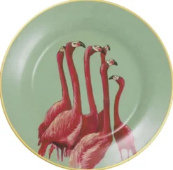 Casa Padrino Deko Porzellan Wandteller 8er Set Flamingos & Federn Mehrfarbig / Gold Ø 27 cm - Luxus Wanddeko