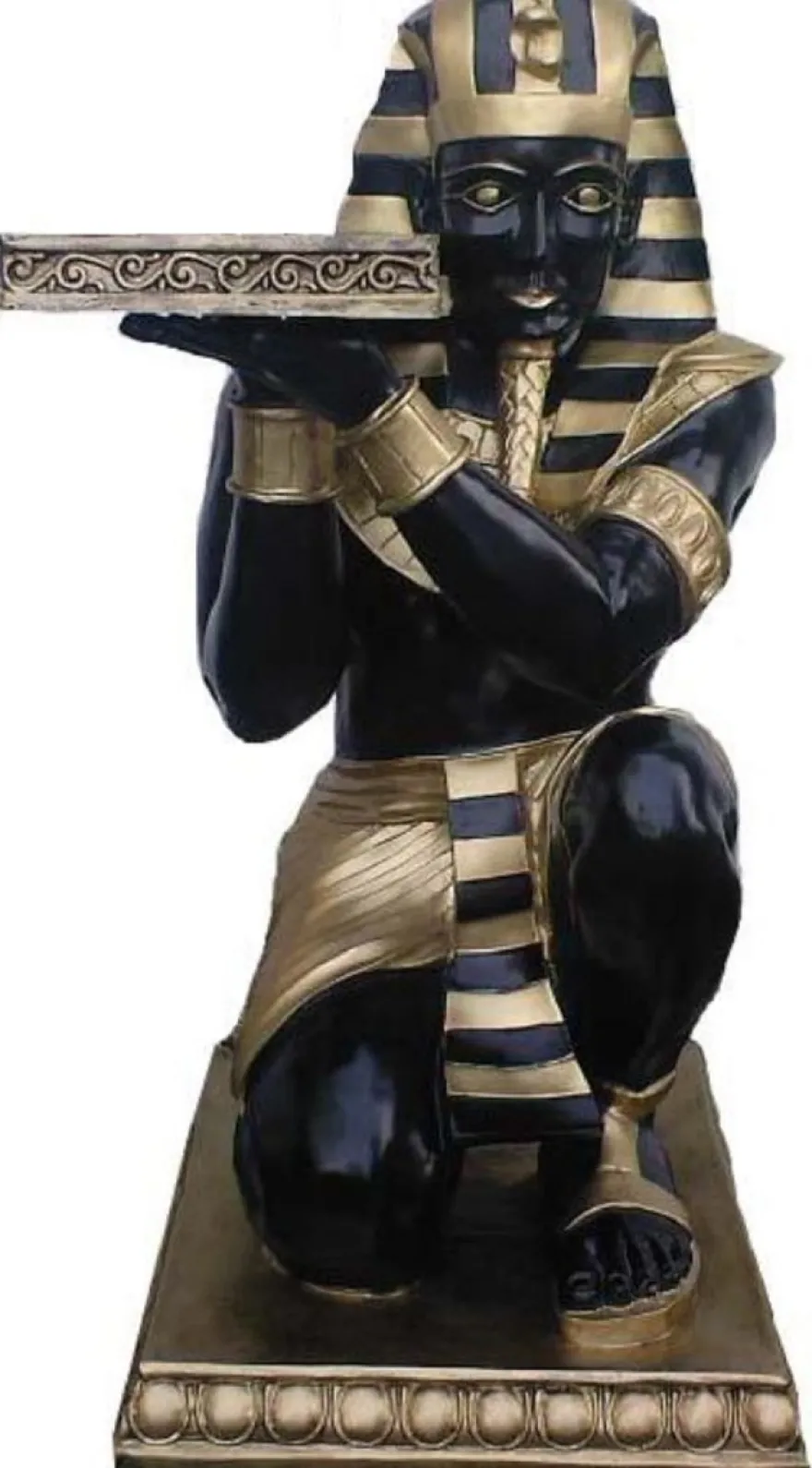 Casa Padrino Deko Skulptur Ägyptischer Pharao Schwarz / Gold 42 x 54 x H. 90 cm - Wetterbeständige Ägyptische Dekofigur mit Tablett - Wohnzimmer Garten Terrassen Beistelltisch