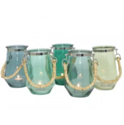 Casa Padrino Deko Windlicht mit Bambusgriff, Luxus Glas Windlicht in Dunkelgrün, Durchmesser 14 cm, Höhe 20 cm
