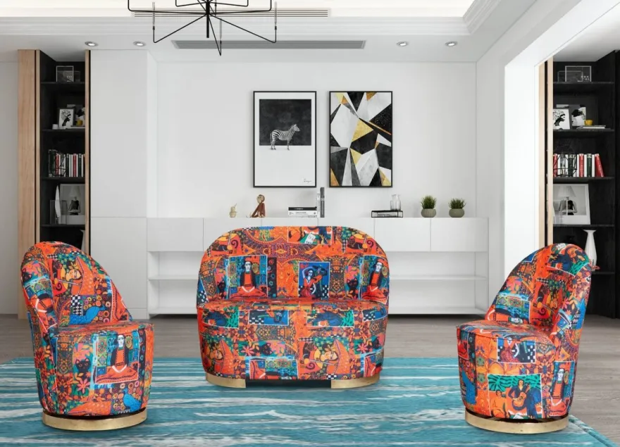 Casa Padrino Designer Art Deco Wohnzimmer Set Mehrfarbig / Gold - 2 Sofas & 2 Drehsessel - Wohnzimmer Möbel - Art Deco Möbel