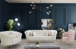 Casa Padrino Designer Art Deco Wohnzimmer Set Creme / Rosa / Gold - 2 Sofas & 2 Sessel - Wohnzimmer Möbel - Art Deco Möbel