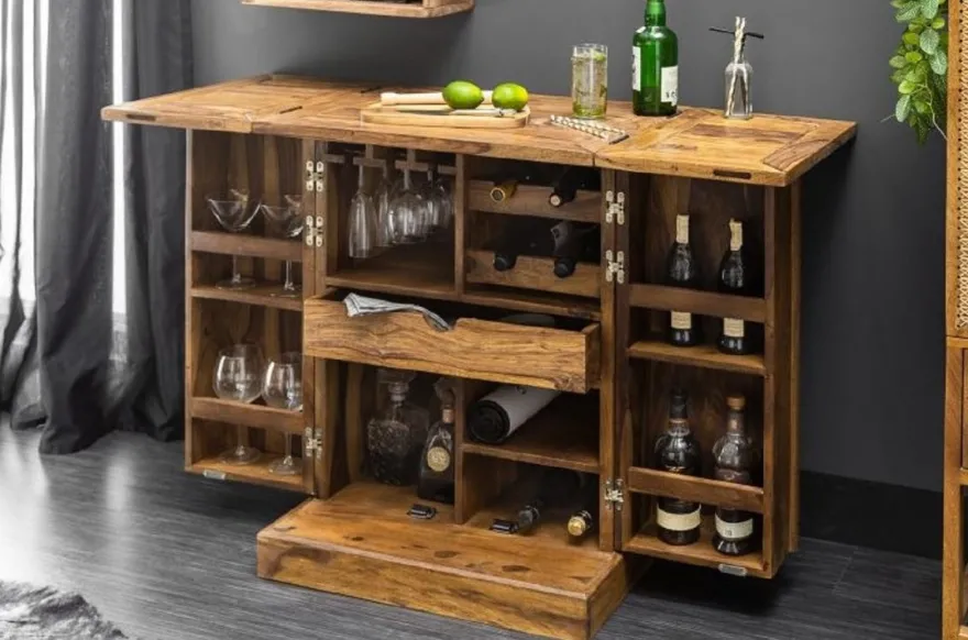 Casa Padrino Designer Barschrank Naturfarben / Braun 65-130 x 50 x H. 90 cm - Moderner Massivholz Weinschrank mit 2 Türen und Schublade - Barmöbel
