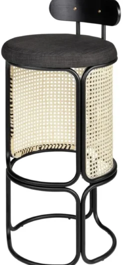 Casa Padrino Designer Barstuhl mit Rückenlehne Schwarz / Naturfarben Ø 40,5 x H. 90 cm - Runder gepolsterter Barhocker mit edlem Rattangeflecht und pulverbeschichtetem Stahlrahmen