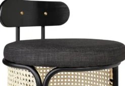 Casa Padrino Designer Barstuhl mit Rückenlehne Schwarz / Naturfarben Ø 40,5 x H. 90 cm - Runder gepolsterter Barhocker mit edlem Rattangeflecht und pulverbeschichtetem Stahlrahmen