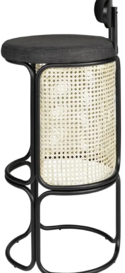 Casa Padrino Designer Barstuhl mit Rückenlehne Schwarz / Naturfarben Ø 40,5 x H. 90 cm - Runder gepolsterter Barhocker mit edlem Rattangeflecht und pulverbeschichtetem Stahlrahmen