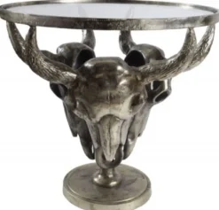 Casa Padrino Designer Couchtisch Antik Bronze Ø 56 x H. 53 cm - Runder Wohnzimmertisch mit 3 dekorativen Stierköpfen und Glasplatte - Wohnzimmer Möbel