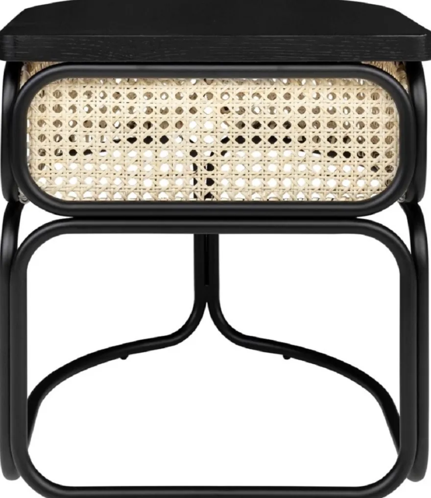 Casa Padrino Designer Couchtisch Schwarz / Naturfarben 50 x 40 x H. 45,5 cm - Wohnzimmertisch mit Eichenfurnier Tischplatte edlem Rattangeflecht und pulverbeschichtetem Stahlrahmen