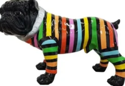 Casa Padrino Designer Dekofigur Hund Bulldogge Schwarz / Bunte Streifen 59 x H. 40 cm - Wetterbeständige Deko Skulptur - Wohnzimmer Deko - Garten Deko - Designer Deko Tierfigur