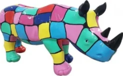 Casa Padrino Designer Dekofigur Nashorn Bunt 75 x H. 35 cm - Wohnzimmer Deko Skulptur - Gartendeko Skulptur - Wetterbeständige Tierfigur