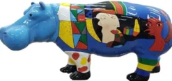 Casa Padrino Designer Dekofigur Nilpferd Blau / Mehrfarbig 180 x H. 79 cm - Deko Skulptur - Riesige Gartenfigur - Gartendekoration