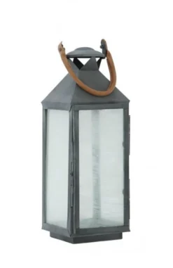 Casa Padrino Designer Deko Laterne Zink Finish mit Ledergriff 18 x 18 x H. 67 cm - Luxus Laterne