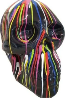 Casa Padrino Designer Deko Skulptur Totenkopf Schwarz / Mehrfarbig 44 x 58 x H. 66 cm - Wetterbeständige Dekofigur - Wohnzimmer Deko - Garten Deko