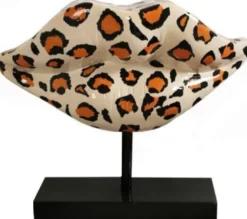 Casa Padrino Designer Deko Skulptur Leopard Lippen Mund mit Ständer Mehrfarbig / Schwarz 55 x H. 45 cm - Designer Deko Accessoires