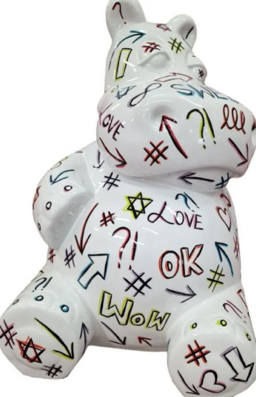 Casa Padrino Designer Deko Skulptur Sitzendes Nilpferd Weiß / Mehrfarbig H. 48 cm - Wetterbeständige Deko Skulptur - Wohnzimmer Deko Figur - Garten Deko Figur - Deko Tierfigur - Deko Accessoires