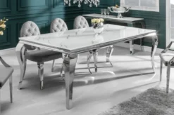 Casa Padrino Designer Esstisch Weiß / Grau / Silber 180 x 95 x H. 75 cm - Rechteckiger Edelstahl Küchentisch mit digitalbedrucktem Sicherheitsglas in Marmoroptik - Moderne Barock Möbel