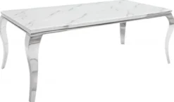 Casa Padrino Designer Esstisch Weiß / Grau / Silber 180 x 95 x H. 75 cm - Rechteckiger Edelstahl Küchentisch mit digitalbedrucktem Sicherheitsglas in Marmoroptik - Moderne Barock Möbel