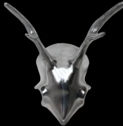 Casa Padrino Designer Geweih Deko Hirsch aus poliertem Aluminium Silber, Höhe 24 cm, Breite 22 cm, Tiefe 17 cm