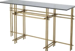 Casa Padrino Designer Konsole Messingfarben / Grau 131 x 36,5 x H. 73 cm - Edelstahl Konsolentisch mit Glasplatte - Designer Möbel - Luxus Qualität