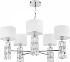 Casa Padrino Designer Kronleuchter Silber / Weiß Ø 70 x H. 37,2 cm - Moderner Metall Kronleuchter mit eleganten Glaselementen und runden Lampenschirmen