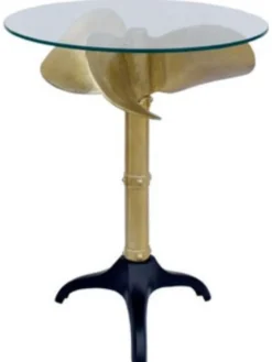 Casa Padrino Designer Propeller Beistelltisch Gold / Schwarz Ø 57 x H. 73 cm - Runder Schiffspropeller Tisch mit Glasplatte - Wohnzimmer Möbel